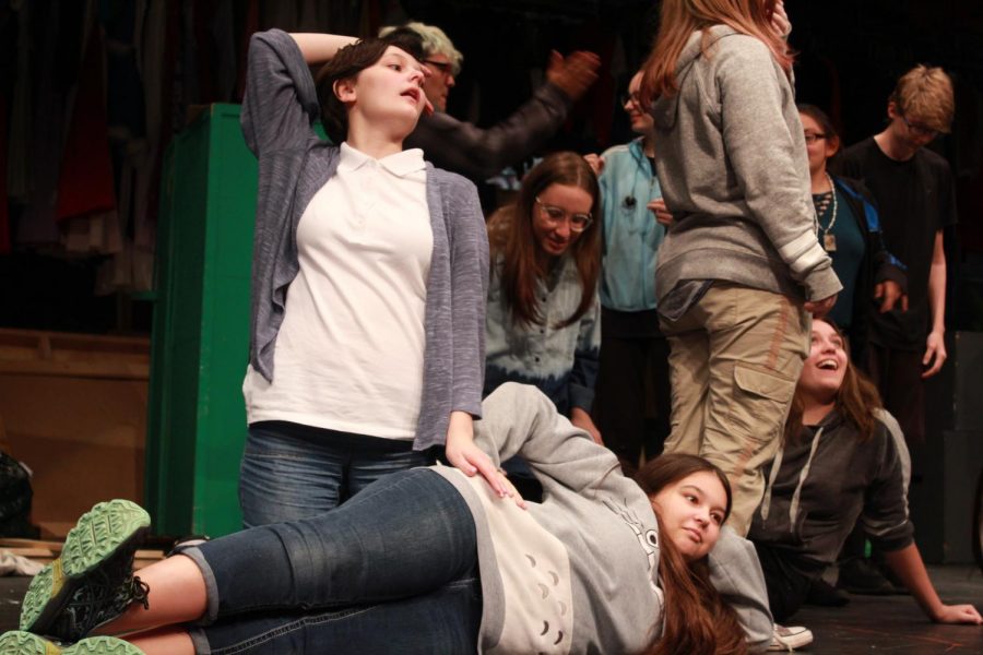 Sophomore Lily Huse gasps dramatically as the rest of the “Me, My Selfie, and I” cast lies around her, pretending to be mermaids during a warm up activity prior to rehearsal. 
