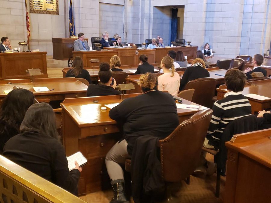 As senior Adri Martinez gives her testimony in support of LB206 on Feb. 1, students and journalism advisers from all across Nebraska listen to her story about fear of censorship and how censorship negatively affects Nebraska student journalists and sometimes their advisers. Proponents of the bill included students and advisers from Omaha, Bellevue, Millard, McCook, Hastings, Gretna, North Platte, and Scribner public schools proving that censorship is common throughout the state.