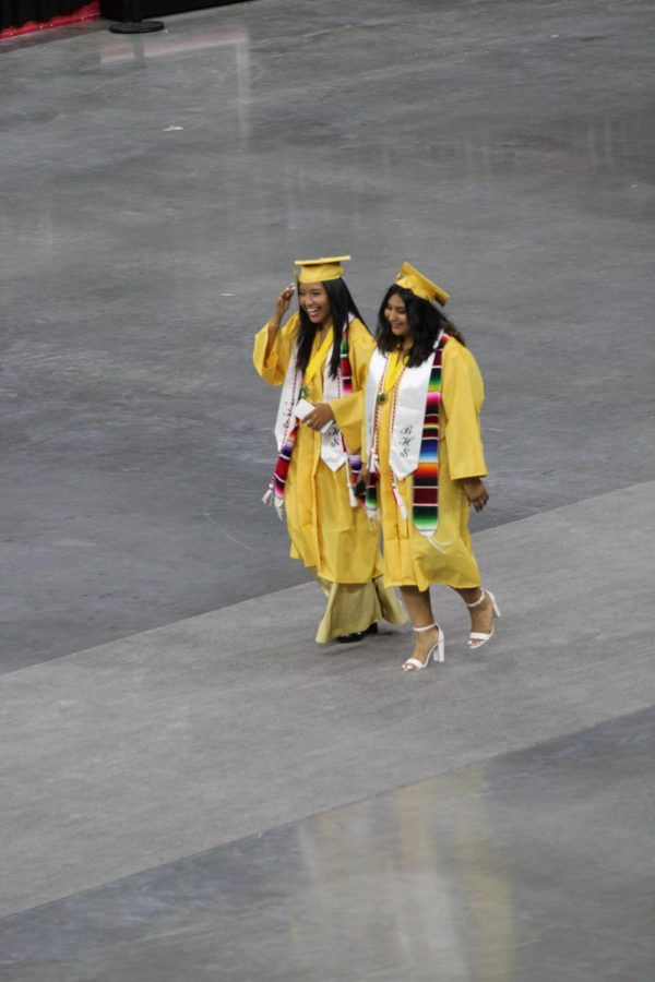 Seniors walking into the Baxter Arena to be seated before the graducation ceremony.