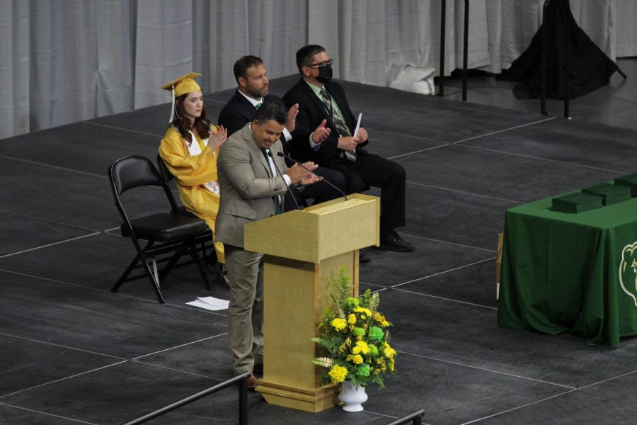 Principal Dr. Rony Ortega gives a speech to the graduating class of 2022 offering his words of wisdom.