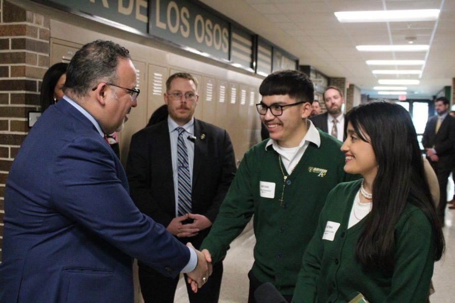 Concluding the tour Secretary of Education Miguel Cardona shakes hands with Senior Bryan Benitez and junior Fatima Davila. After leaving Bryan, he traveled to Educational Service Unit #3 in La Vista, Nebraska to discuss access to mental health support in schools.  