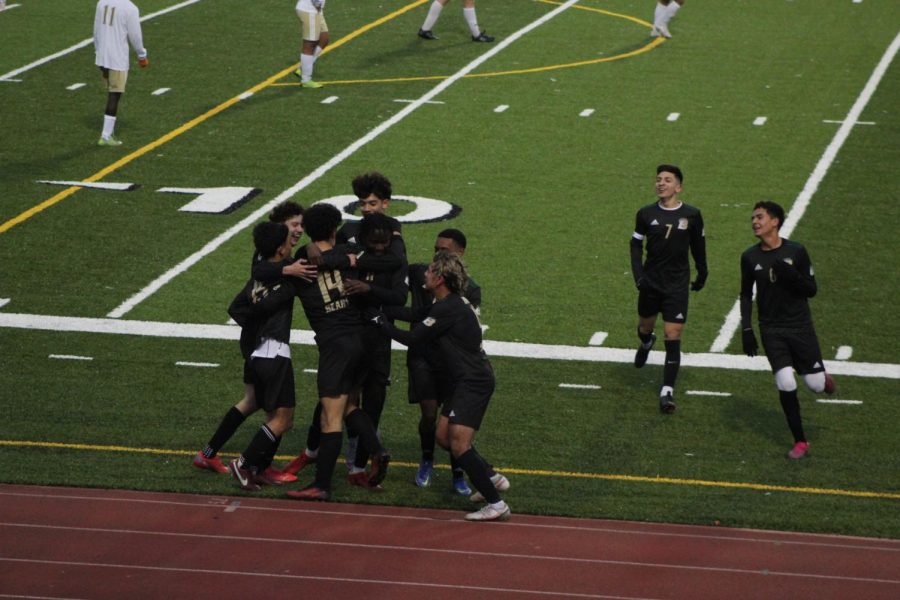 The team celebrates after a goal is made. 
